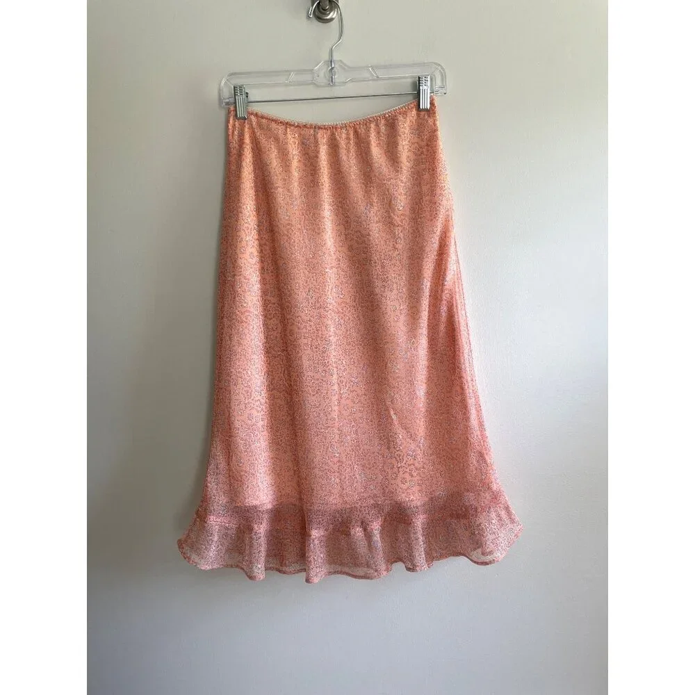 Y2K Pierre Cardin Peach Ditsy Skirt Womens 12 Peach Floral Ruffle Fairy Whimsy